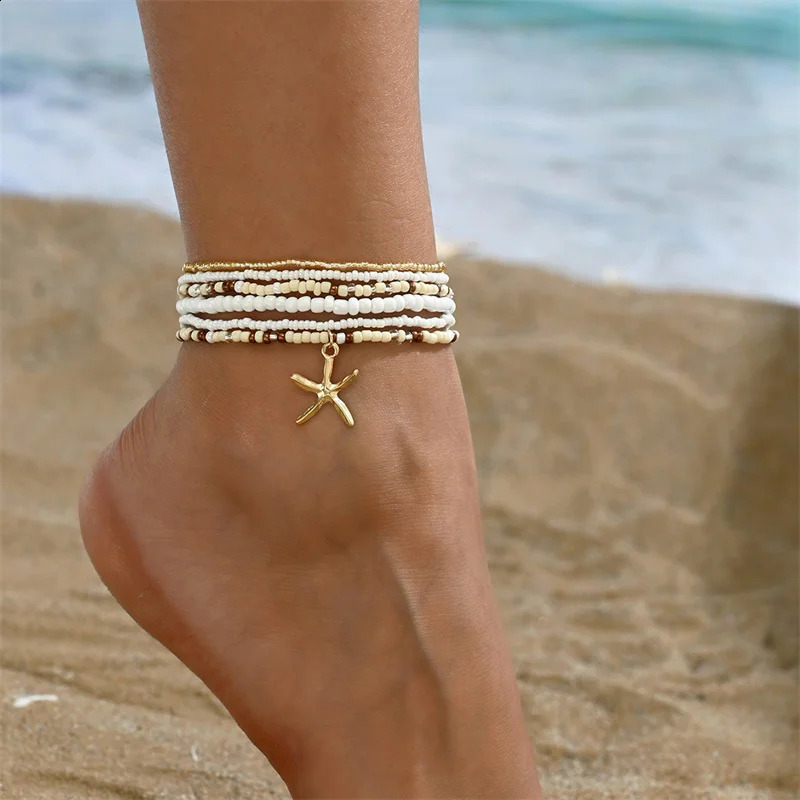Bohemia Multilayer Rice Bead Anklet Set for Women Fashion Starfish Pendant Anklets Summer Sandy Beach Ankle Chain On Leg Jewelry 250114