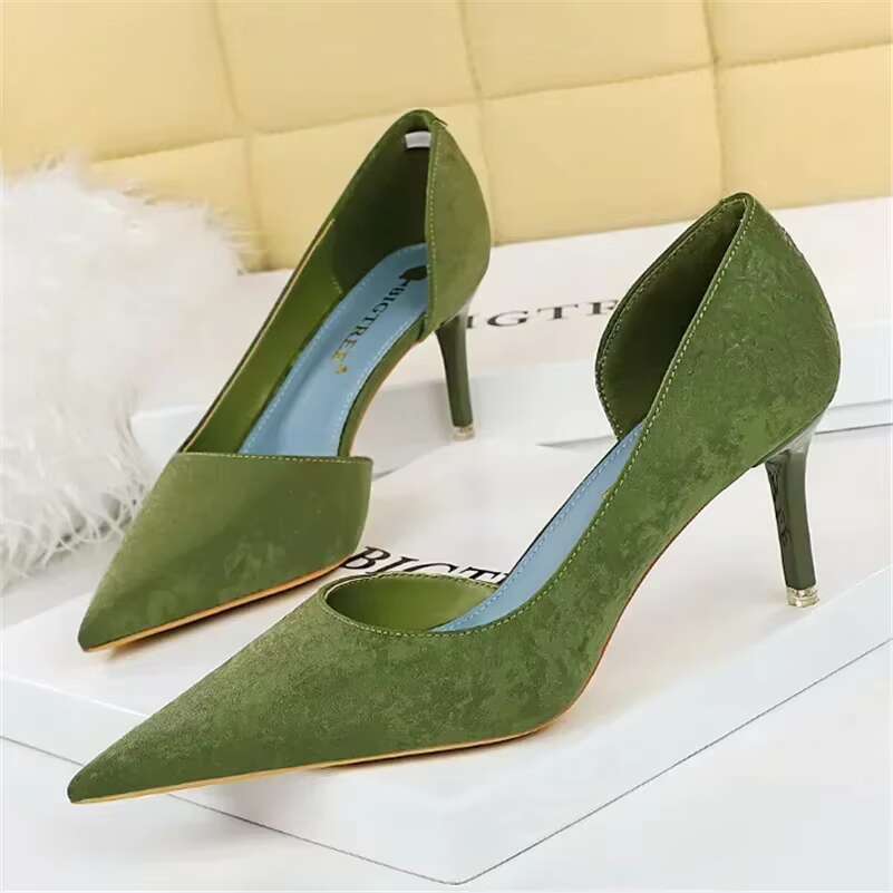 Women Side Hollow Designer Mid Low Basic Green Pumps Lady 7cm 10.5cm High Heels Wedding Bridal Prom Stiletto Slip on Shoes