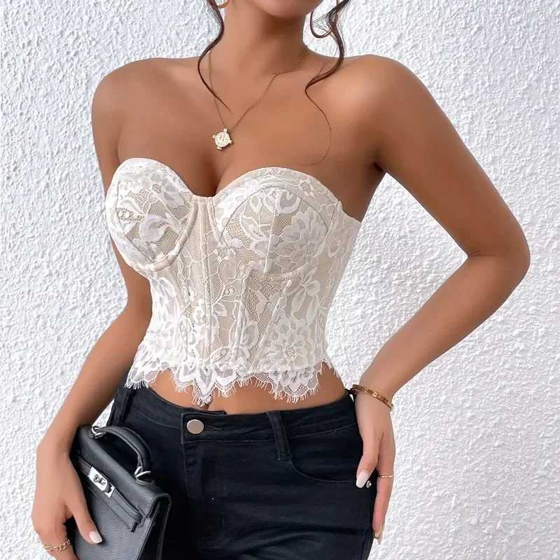 CHUANGERM Sexy Lace Sleeveless Bare Shoulder Crop Top Corset Embroidery Floral Tube Top Strapless Fishbone Backless Camisole W250120