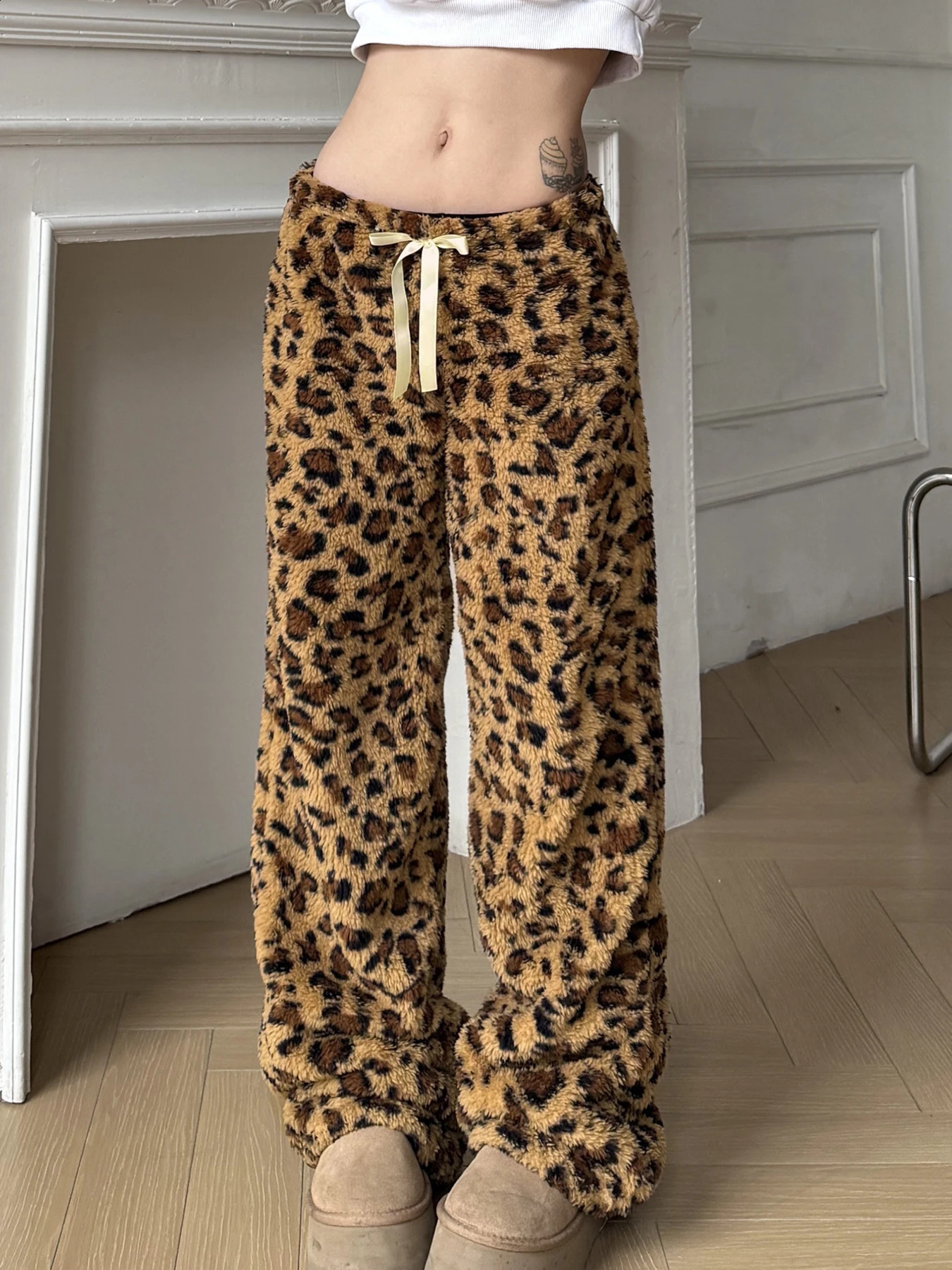 Leopard Velvet Women Loose Long Pants Bow Y2k Retro Fashion Chic Warm Autumn Trousers Street Style 250122