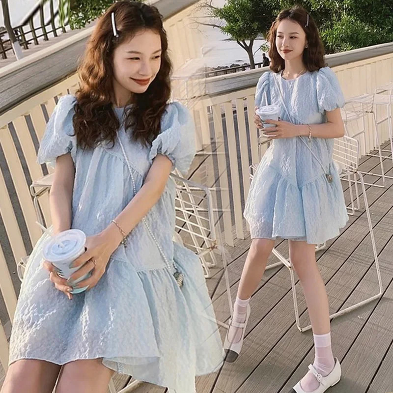 Summer Clothes for Short Lady Puff Sleeve Sweet Oneck Plus Size Pregnant Woman Dobby Dress Maternity Elegant Ball Gown Dresses 250114