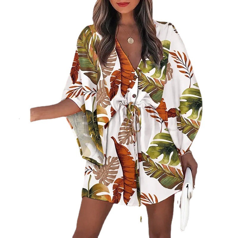 2025 New Outdoor Casual Dress Personality Women's Summer Women's Designer Flying Sleeve V-neck Lace Up Printed Beach Skirt