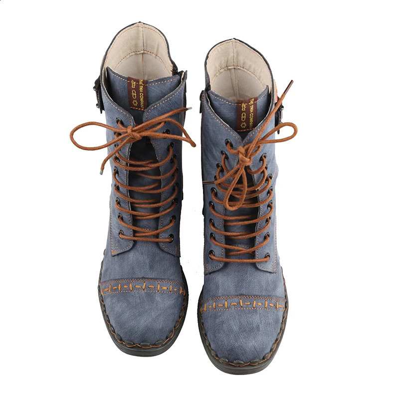 Women AutumnWinter Vintage Fashion Solid Color Leather Boots 250117