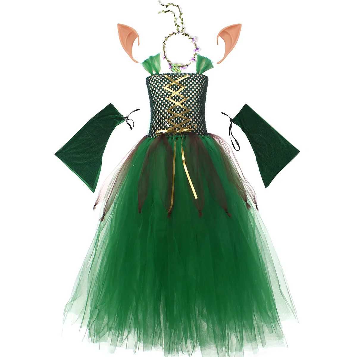 Kids Girls Elf Cosplay Dance Skirts Costume Children Roleplay Dress Up Performance Stage Dress Elf Earrings Halloween Clothes W250117