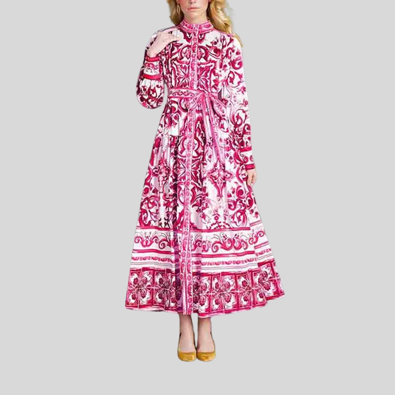 New best-selling European and American women's clothing lantern sleeves printed lapel collar waist long sleeves big pendulum dress women