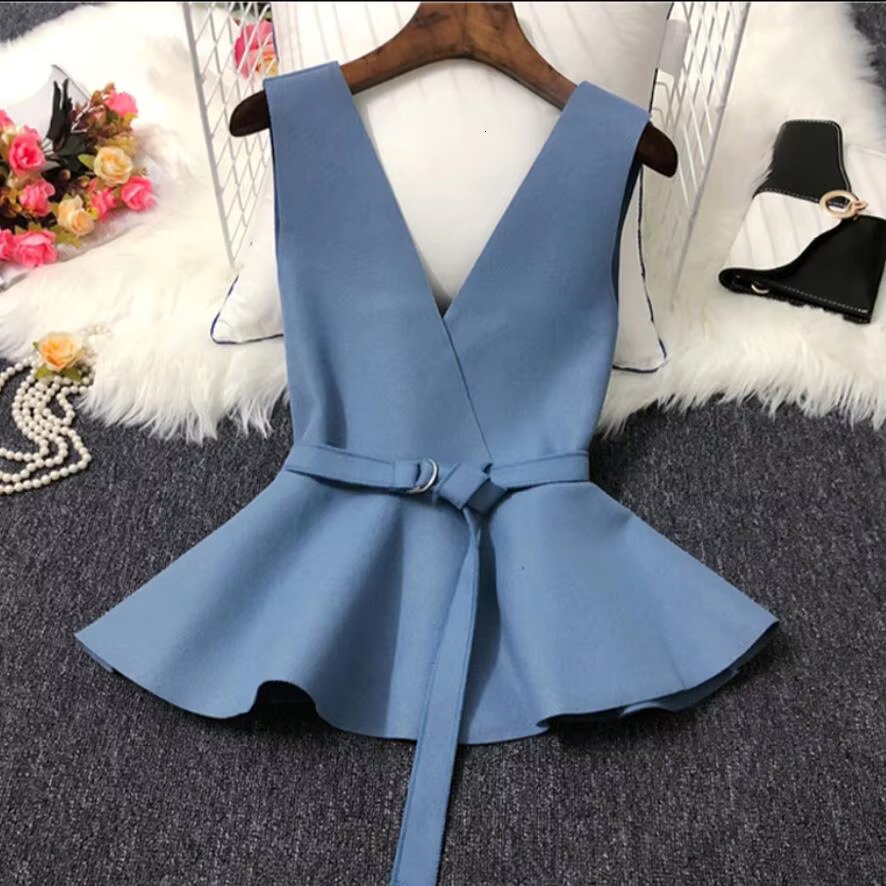 2020 Autumn Winter Sleeveless Coat V-Neck Slim Waist Belt Woolen Vest For Women Pullover Waistcoat Female Outerwear