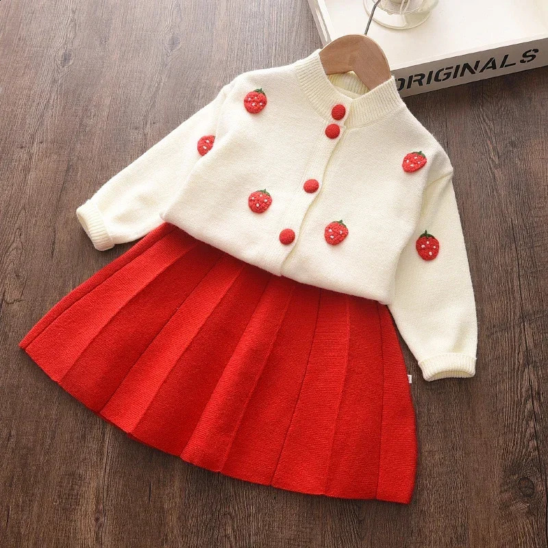 Kids Clothes Girls Winter Childrens Clothing Cartoon Grape Strawberry Decoration Sweater Cardigansolid Color Pleated Skirt Set 250117
