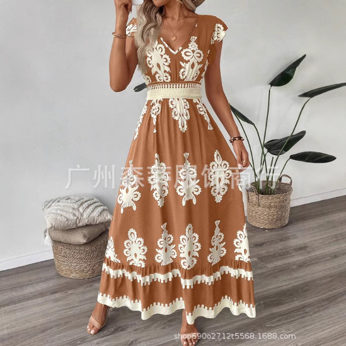 2025 Summer New Designer Women's Beach Skirt Vacation Style Printed Large Pendant Dress