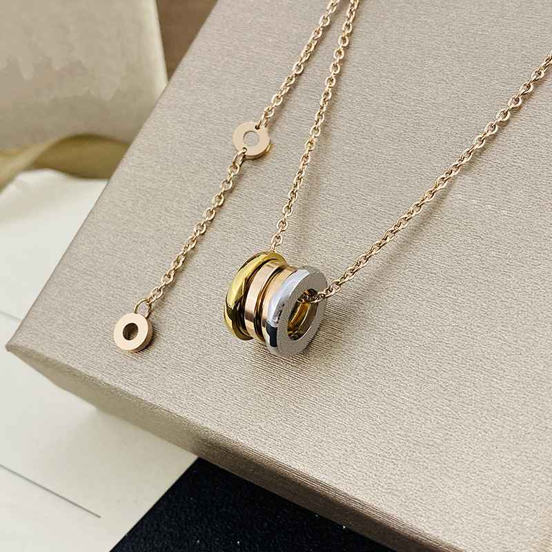 New Fashion Women Silver Rose Gold Stainless Steel Spring Black White Ceramics Pendant Necklace Sets Jewelry