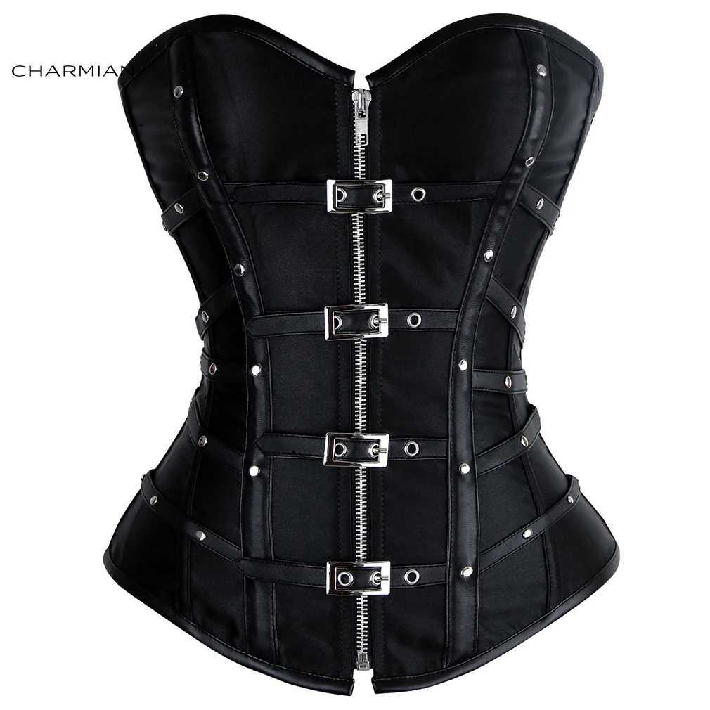 Charmian Steampunk Leather Corset Womens Sexy Gothic Satin Riveted Buckle Zipper Wrapped Armored Corset Plus Size Corset W250120