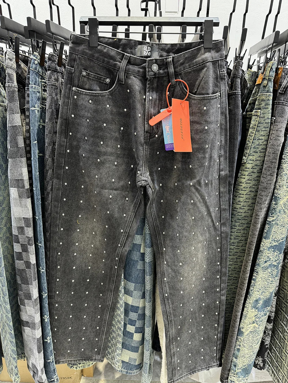 Black Denim Bottoms Men Straight Fit Baggy Smart Style Full Rhinestones Printed Y2k Jeans Man 250120