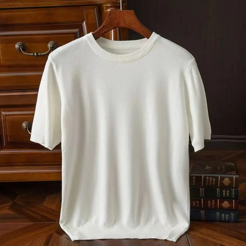 High Qualtity Oversized Cashmere Knitted Oneck Tshirt for Men Short Sleeve Tee Solid Color Trend Leisure Grey White Black Blue 250108