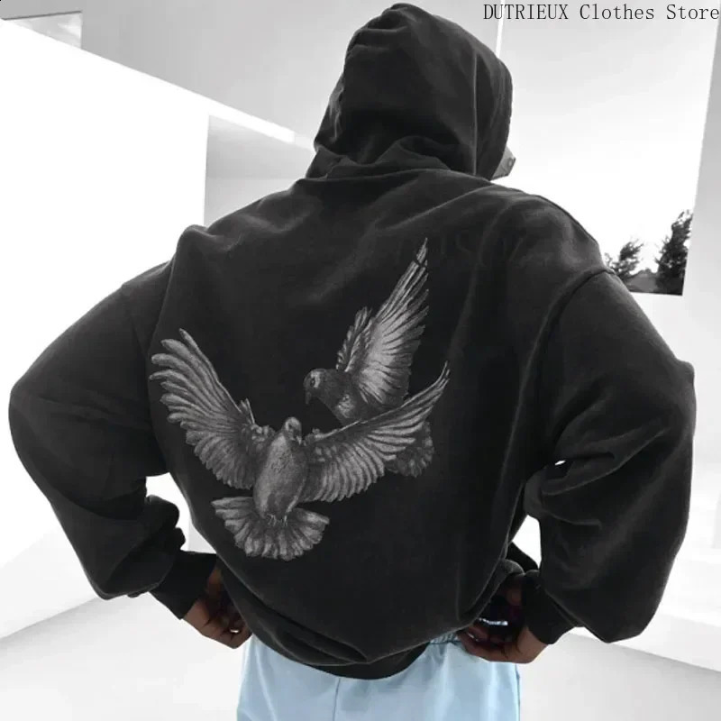 Autumn Oversized Loose Black Mens Hoodie Fashion Eagle Print Large Size Hoodie Pure Cotton Soft Fitness Running Men Sweatshirt 250117