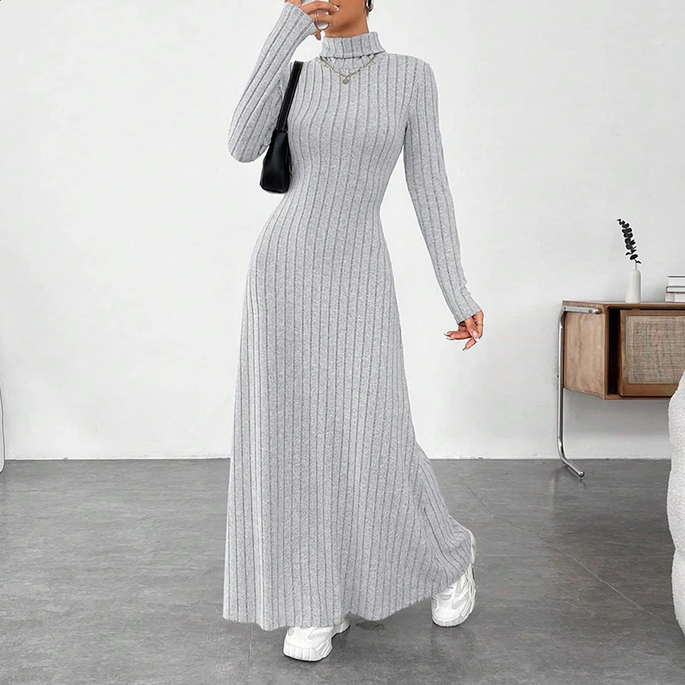 Women Elegant Bodycon Knit Dress Autumn Winter Hooded Turtleneck Temperament Slim Long Sleeve Solid Ribbed Long Dress Streetwear 250122