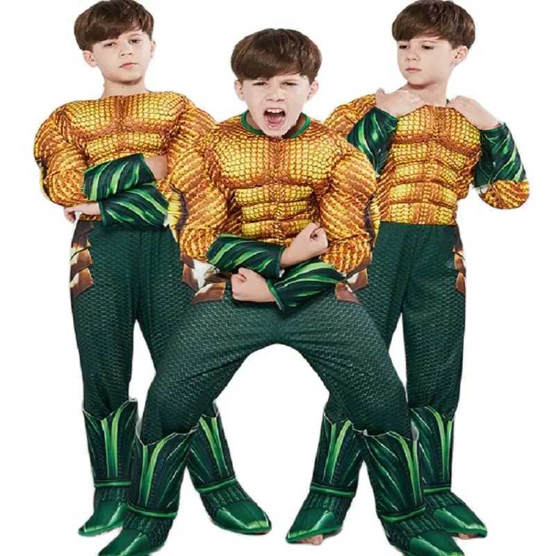 Kids Halloween Anime Costumes Boy Ocean Gold Aquaman Muscle Cosplay Costume Children Superhero Carnival Role play Suit Jumpsuits W250117