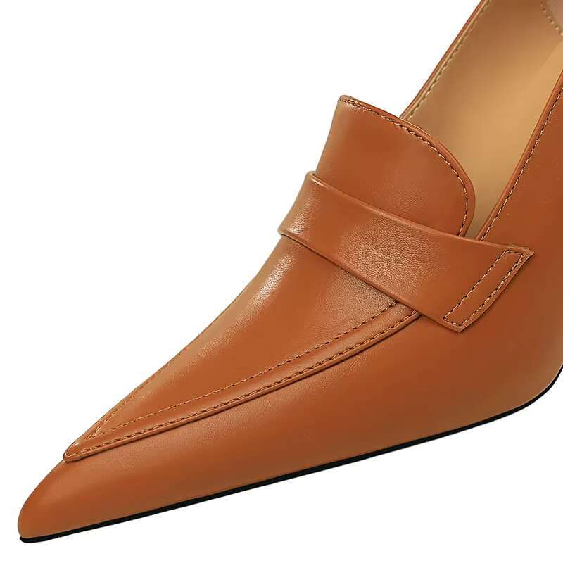New Elegant Women 8cm High Pumps Wedding Bridal Classic Pu Leather Retro Slipony Heels Lady Brown Bla Office Shoes