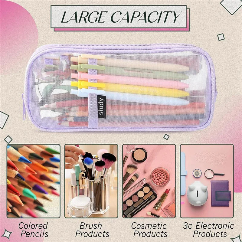 4 Pcs Grid Mesh Pencil Case with Zipper Clear Pencil Pouch Visible Pen Bag Multi-Purpose Transparent Makeup Bag 250120