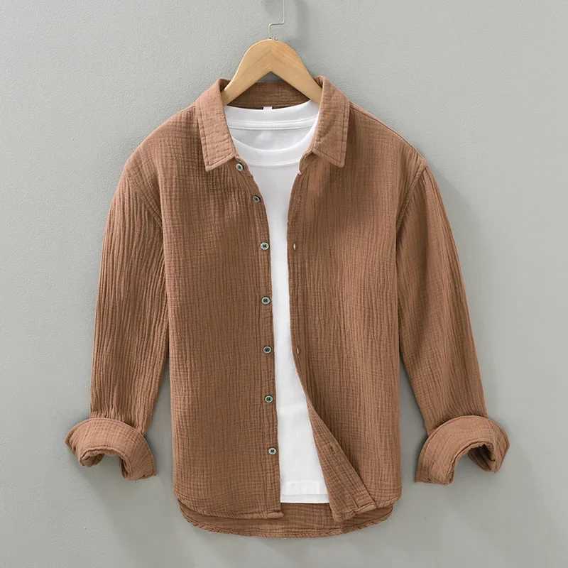 High Quality Mens Casual Crinkled Double Gauze Long Sleeve Shirt For Men Cotton Yarn Soft and Comfortable Breathable Square Neck Shirt T250121