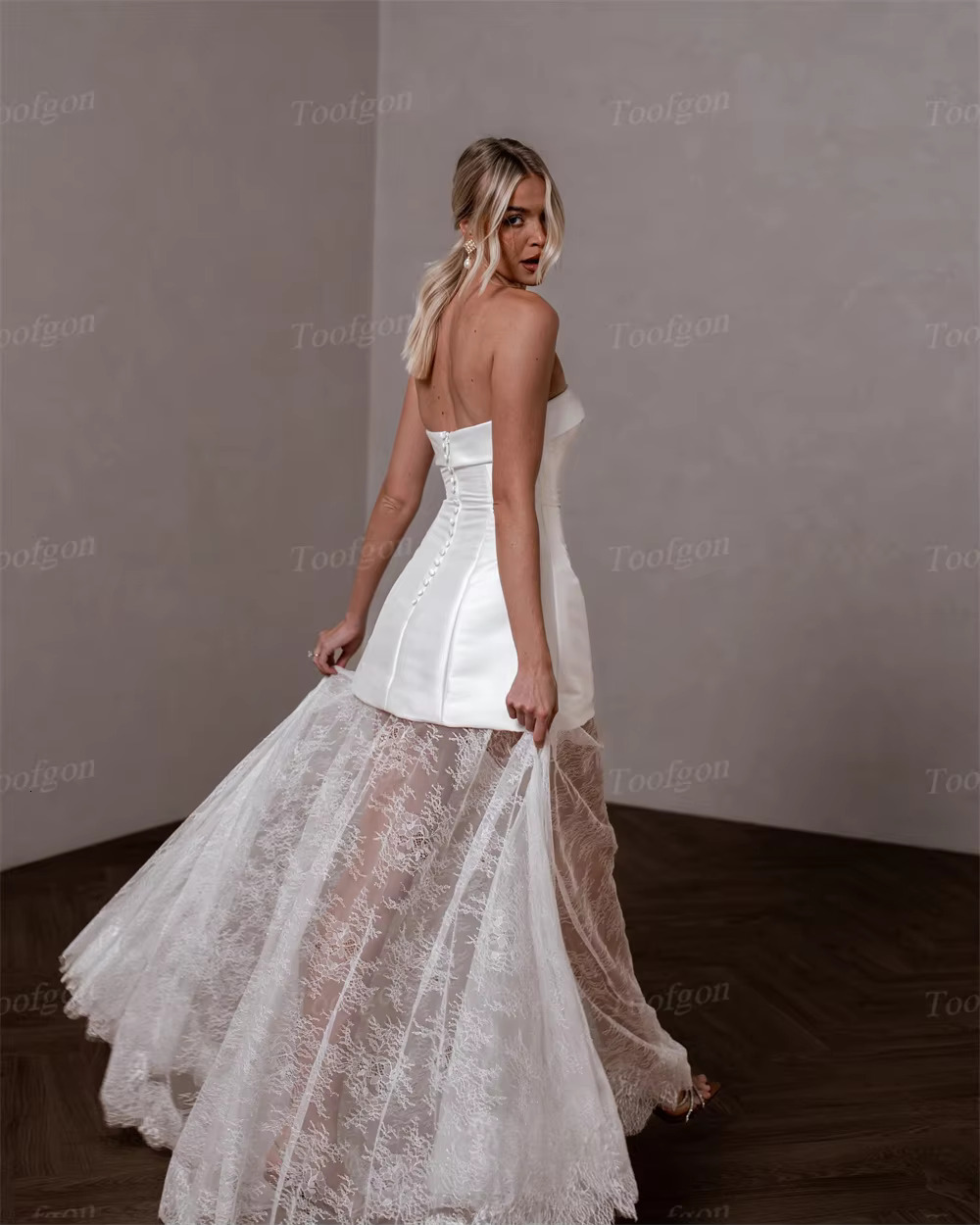 Toofgon A E Satin Lace Dresses Detachable Long Sleeves Customized Women Bridal Wedding Gowns Photography Robe Mariee