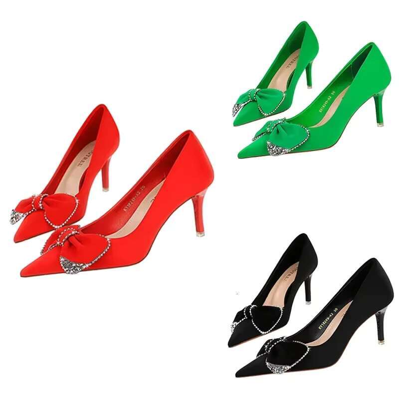 Women 7.5cm High Heels Pointed Toe Kawaii Party Silk Satin Pumps Lady Cute Korean Style Wedding Rhie Bow Green Red Shoes