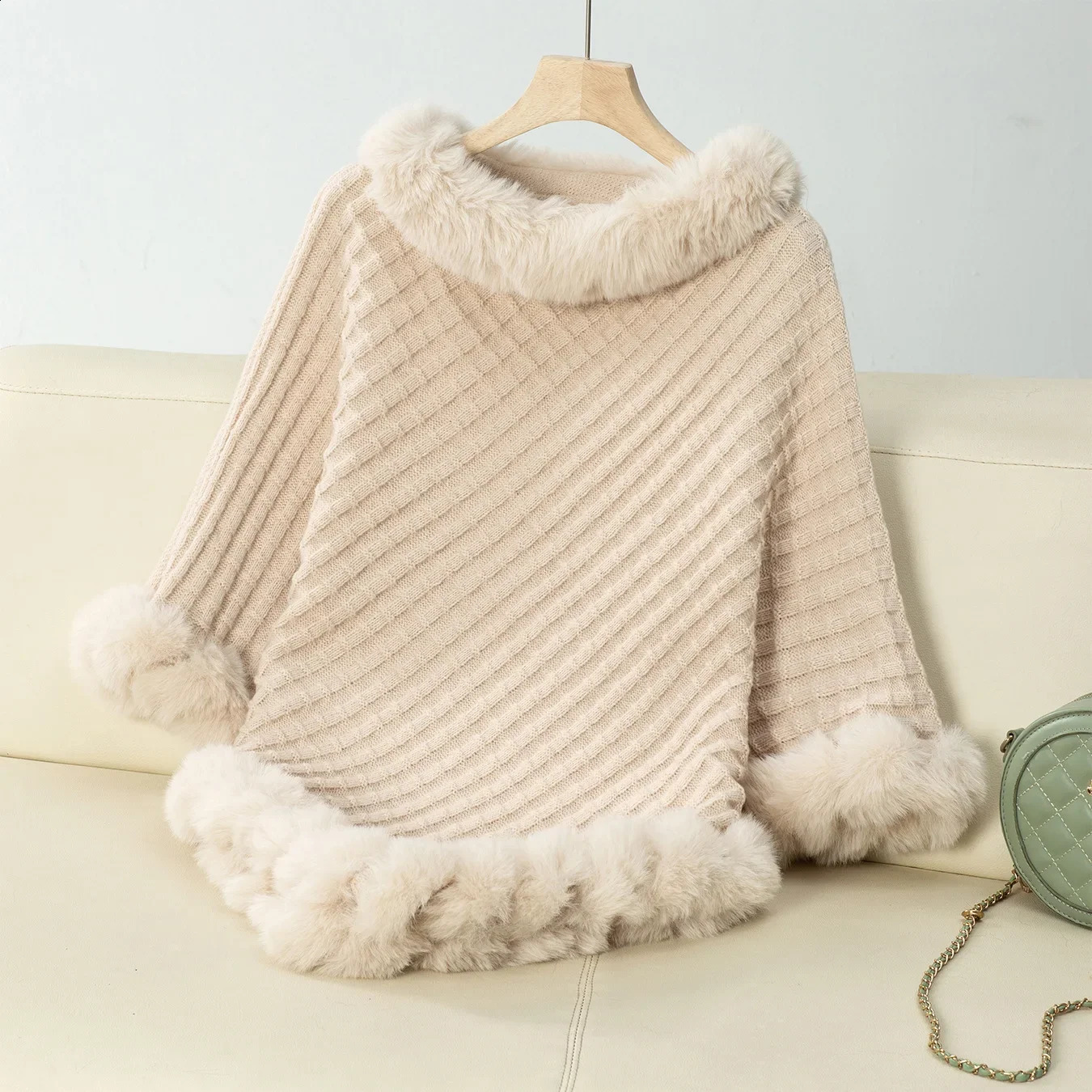 Knitted Cloak Sweater Women Shawl Outwear Warm Hairball Knit Casual Loose Plaid Poncho Cape Coat Spliced Solid Elegant 250121