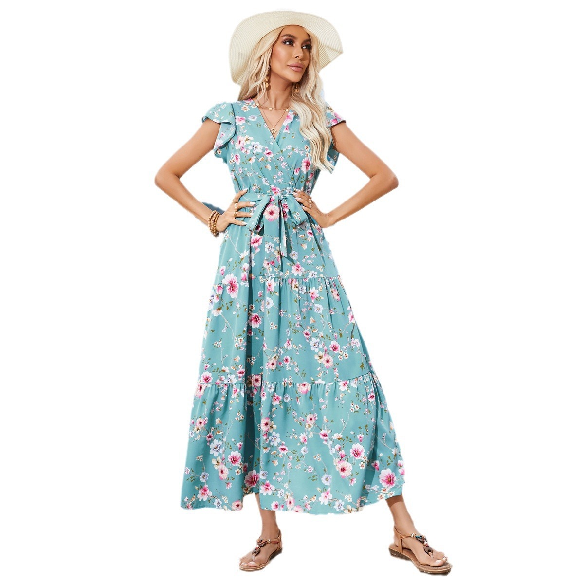 2025 New Women's Beach Skirt Printed Belt V-neck Designer Dress Bohemian Vacation Beach Skirt