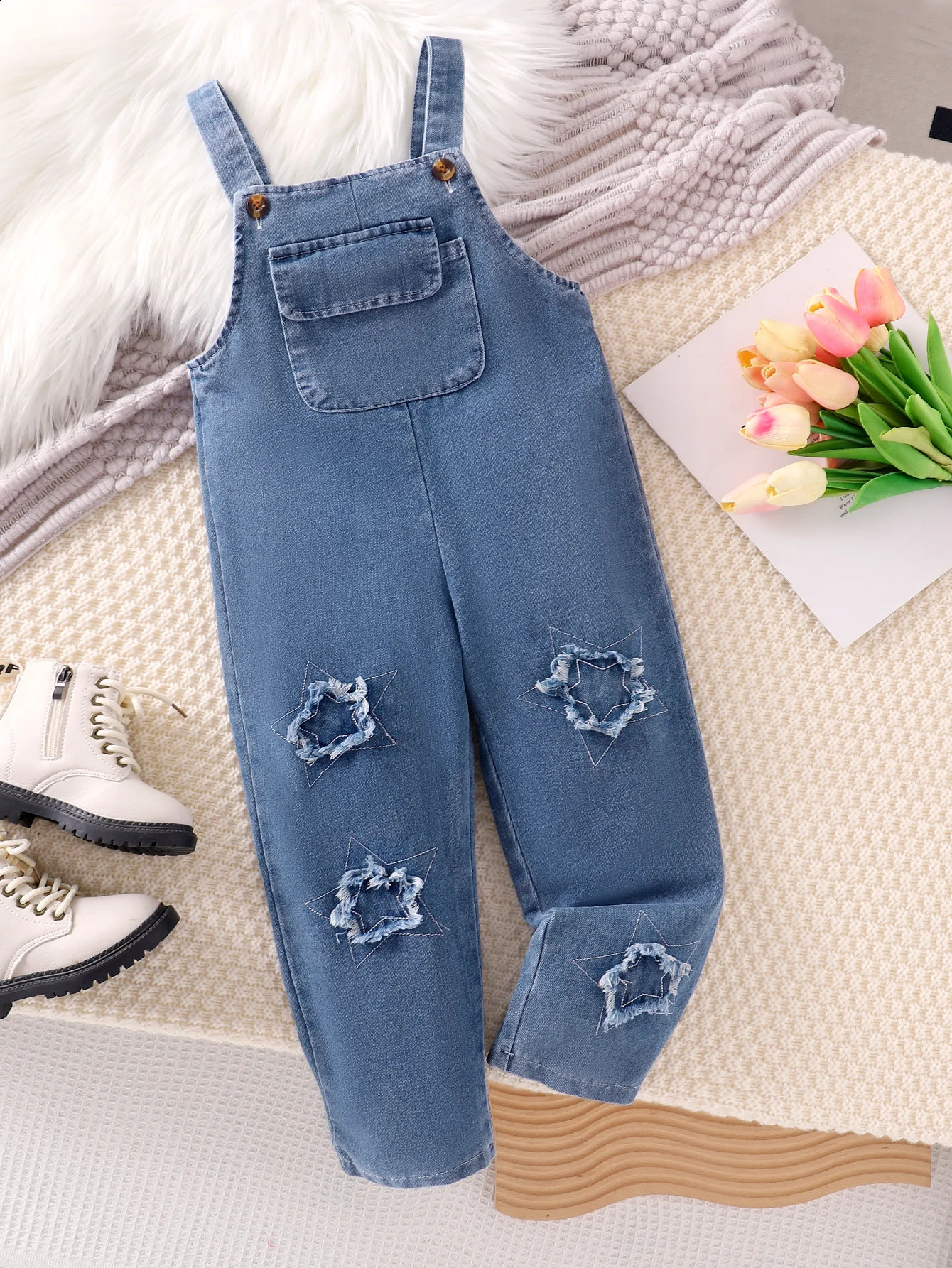 Autumn Style For Girls Aged 47 Years Old Comfortable And Fashionable Blue Patch Large Pocket Denim Jumpsuit 250117