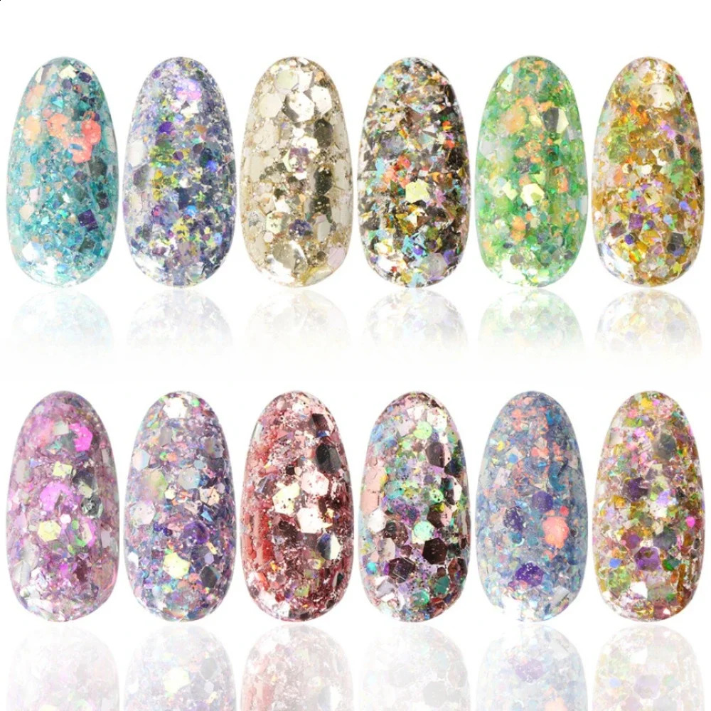 12Grids Holographic Nail Glitter Flakes Sequins Rose Gold Silver Manicure Paillette Spangles Slices Art Decor 250115