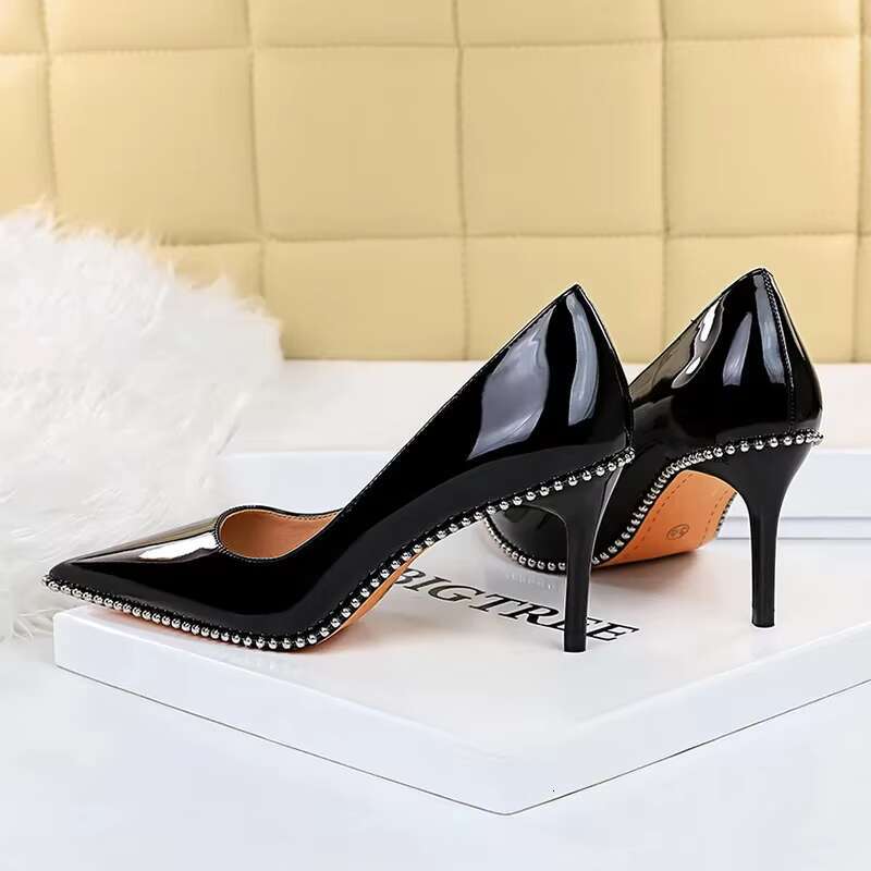 Women 8cm 10.5cm High Elegant Escarpins Pumps Lady Rivets Nude Mid Low Heels Fetish Nightclub Party Office Shoes