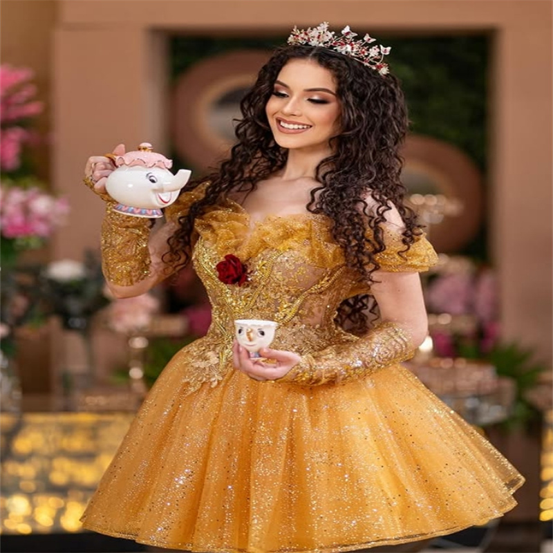 Glitter Gold Vestidos De 15 Quinceanera Dress 2025 Sparkly Sequin 2 in 1 Short Birthday Dress Detachable Skirt Special Occasion Formal Dress Sweet 16 