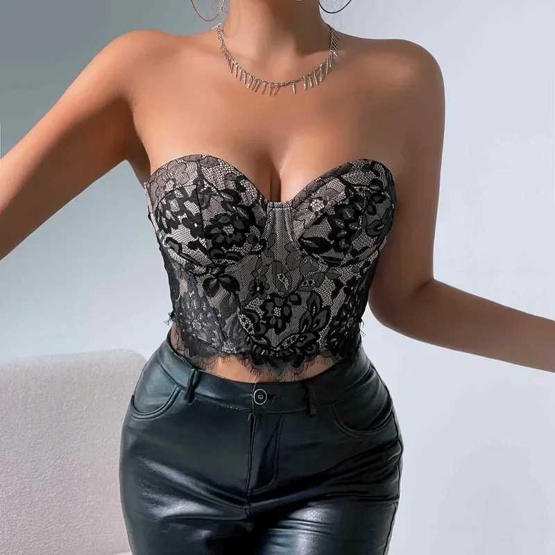 CHUANGERM Sexy Lace Sleeveless Bare Shoulder Crop Top Corset Embroidery Floral Tube Top Strapless Fishbone Backless Camisole W250120