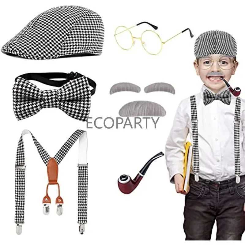 Old Man Costume for Kids100th Day of School Grandpa Costume Accessories Including Beret Hat Suspender Bowtie Beard Gangster W250117