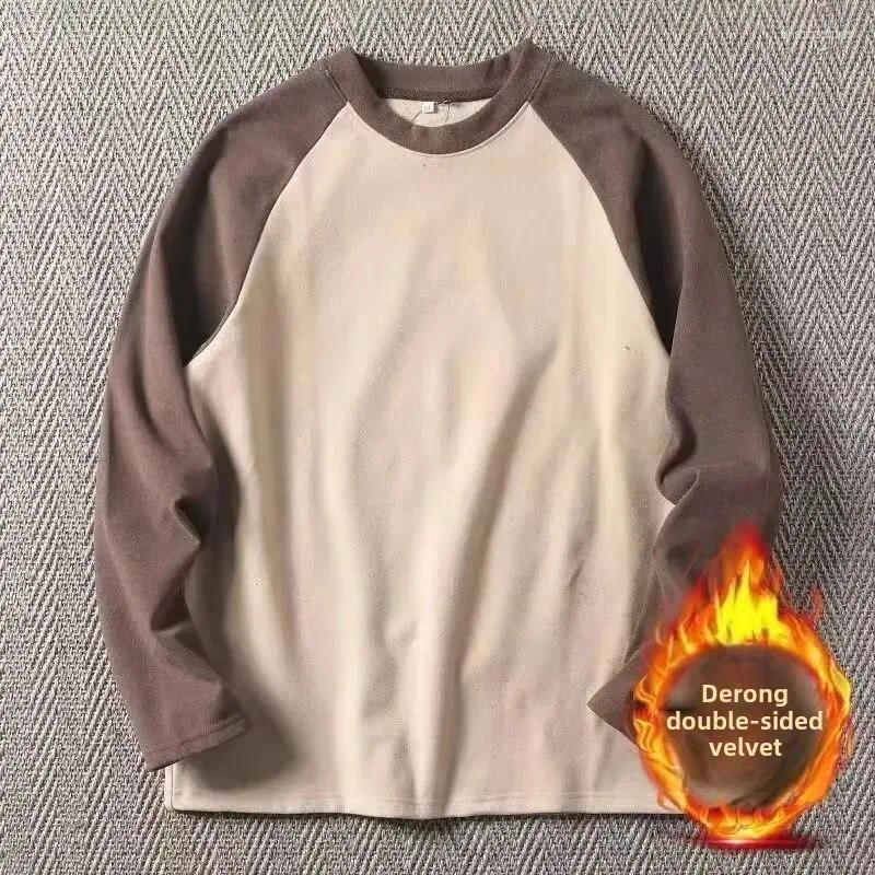 Men's T Shirts Autumn/Winter Fashionable Double-sided Fleece Long Sleeve Base Layer Tops Round Neck Warm Pullover