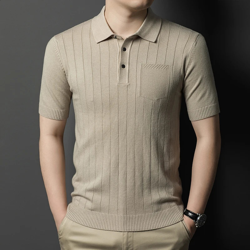 High quality mens short sleeved knitted polo shirt autumn style pullover striped korean flip collar sweater T-shirt 250122