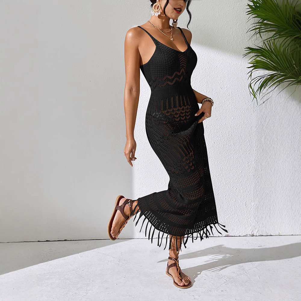 2025 New Designer Sexy Hollow Out Slim Fit Fringe Beach Skirt Sleeveless Knitted V-neck Vest Dress