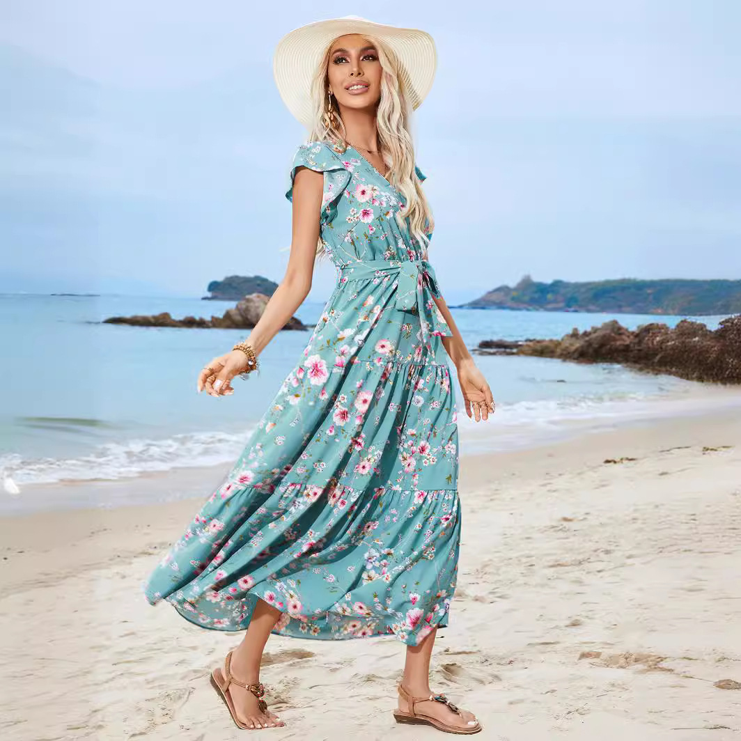 2025 New Women's Beach Skirt Printed Belt V-neck Designer Dress Bohemian Vacation Beach Skirt