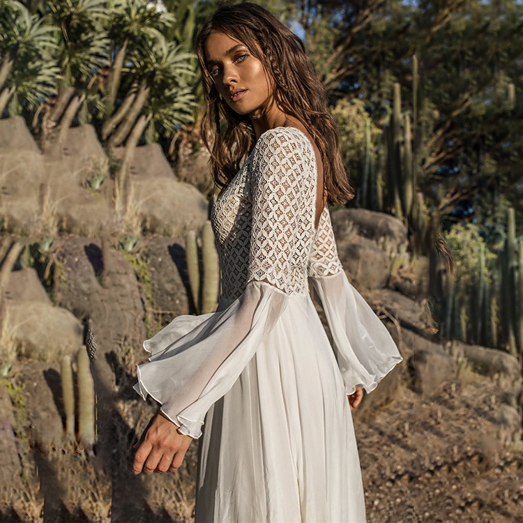 2025 New Designer Women's Lace Hollow Horn Sleeve Beach Vacation Long Dress Bikini Cover Sexy Sunscreen Shirt Beach Skirt