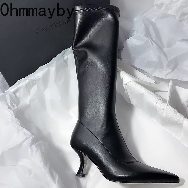 Designer Pointed Toe Women Stretch Knee-High Boots Fashion High Heels Shoes Concise Long Botas De Mujer 250221