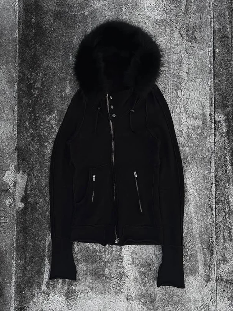 Hiphop Trendy Streetwear Y2K Harajuku Punk Street Retro Solid color Zipper Hoodie Women Punk Casual Slim fit type Sweatshirt250120