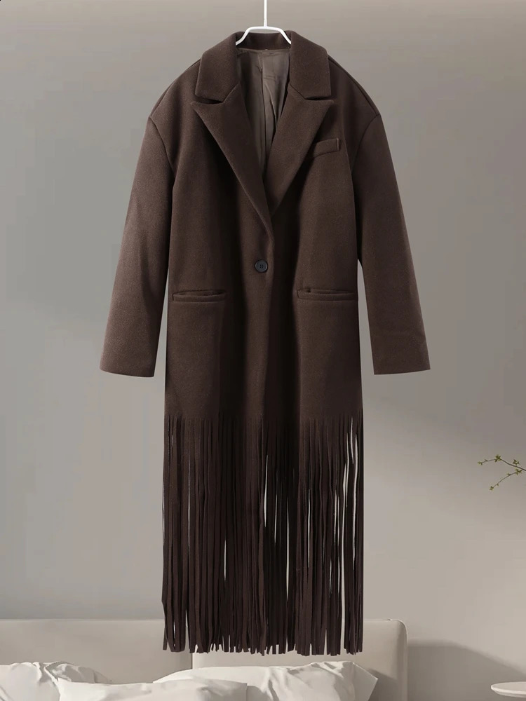 Fashion Tassel Hem Womens Coat Autumn Winter Turndown Collar Long Sleeve Female Overcoat 2024 Brown High Street Lady Outwear 250110