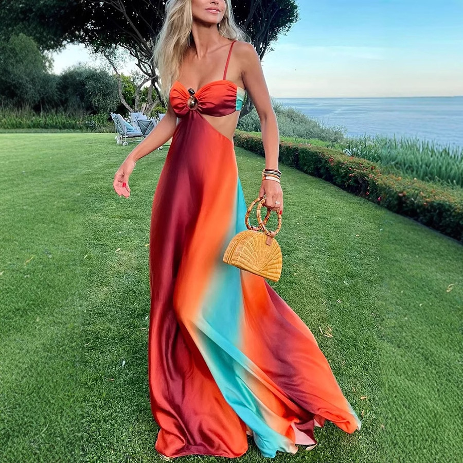 Sexy 2025 New Women's Designer Sexy Strap Gradient Haipai Beach Skirt Long Skirt
