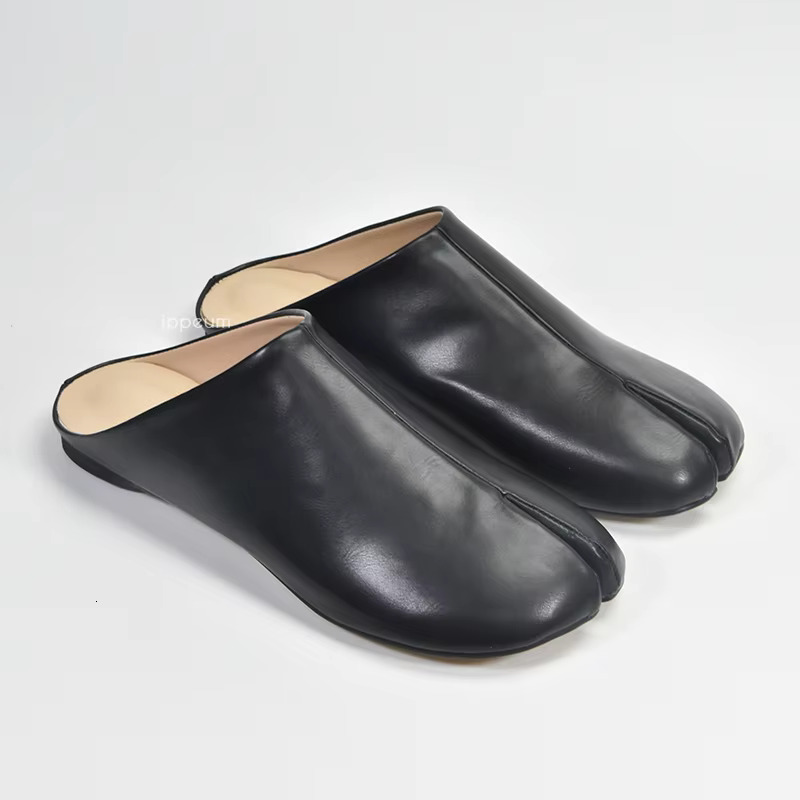 IPPEUM Tabis Mules Split Toe Plus Size 44 Black Leather Slippers 2024 Women Designer Flat Shoes