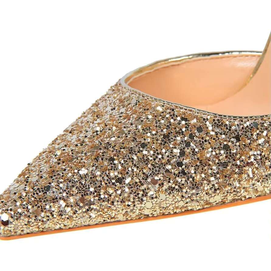 Women Glitter Sequin Fetish Ankle Strap 9.5cm High Heels Sandals Lady Party Gold Red Stiletto Wedding Bridal Dress Pumps