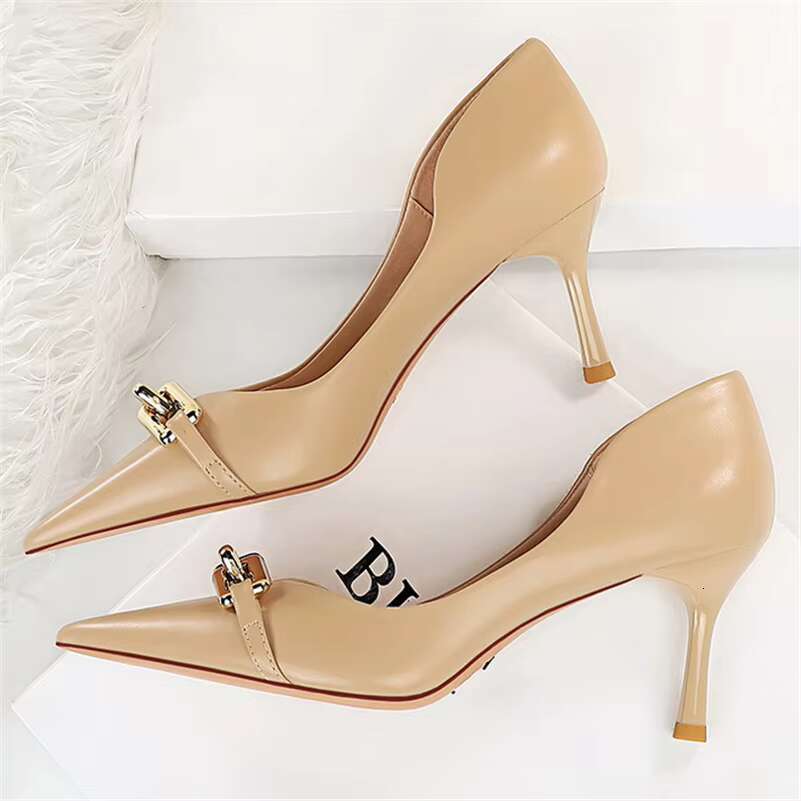 Women 7cm High Pumps Lady Scarpins Nightclub Blue Nude Red Low Heels Wedding Party Metal Chain Bule Mom Office Shoes