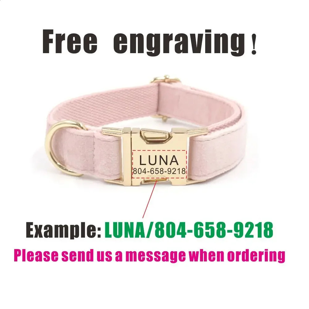 Personalized Dog Collar Custom Pet Collar Free Engraving ID Name Tag Pet Accessory Pink Velvet Fiber Puppy Collar Leash 250121