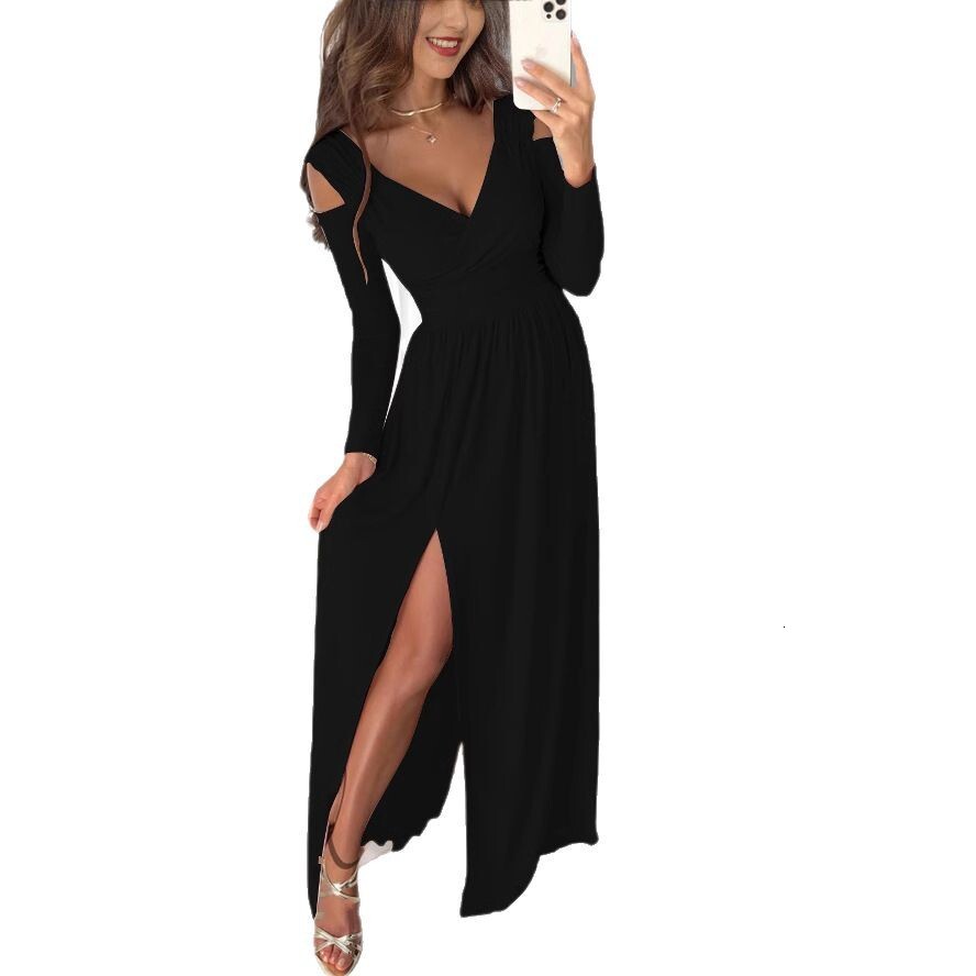 2025 Autumn And Winter New Designer Women's Beach Dress Long Sleeved V-neck Solid Color Hem Slit Dress