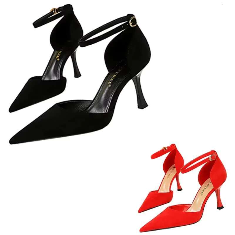 Women 8cm High Concise Prom Bury Bla Red Sandals Daily Summer Sandles Lady Suede Mid Heels Ankle Strap Club Shoes