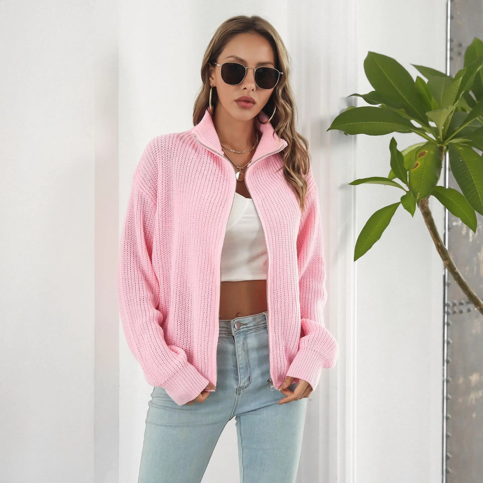 Spring Autumn Womens Coats Solid Color Zipper Ladies Sweaters Casual Loose Female Knitted Cardigans Knitwears 250120wtt