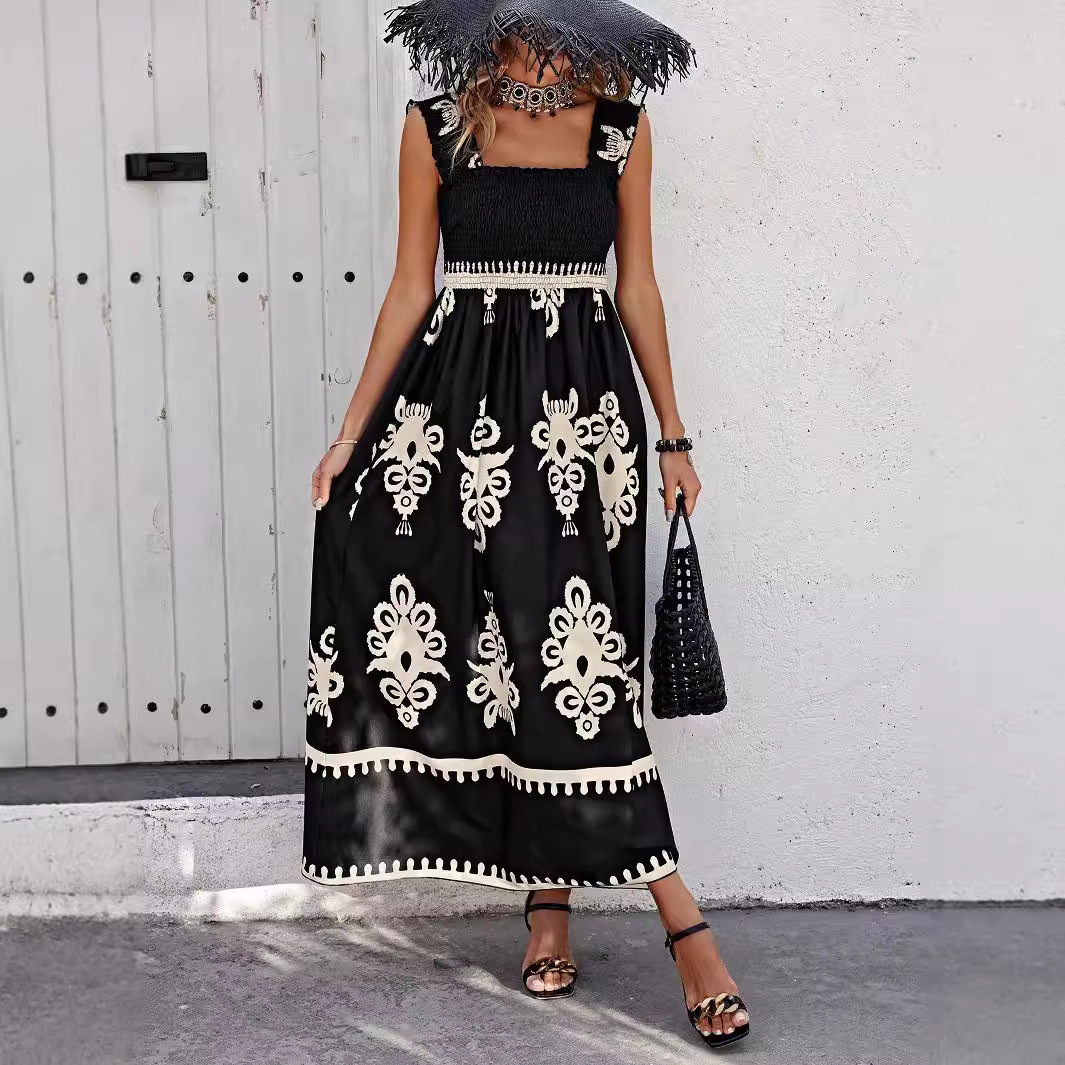 2025 New Women's Beach Skirt Designer Holiday Style Printed Chest Dress