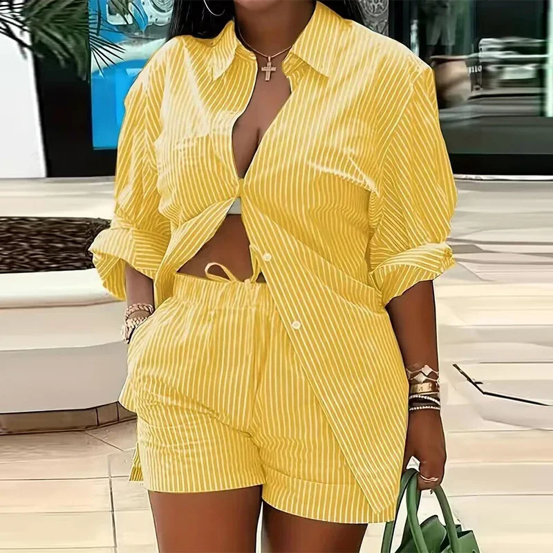 Sexy Turn-down Collar Button Blouse Shorts Women Outfit Spring Striped Print Two-piece Suit Retro Long Sleeve Office Sets 250113